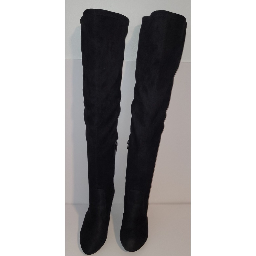 Streetwear Society Sz7 Black Over the Knee Faux Suede Block Heel Boots Stretchy